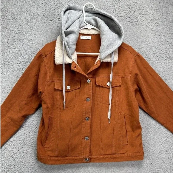 Paper Crane Jacket Womens Medium Rust Brown Sherpa Collared Hooded Denim Coat - Picture 2 of 12